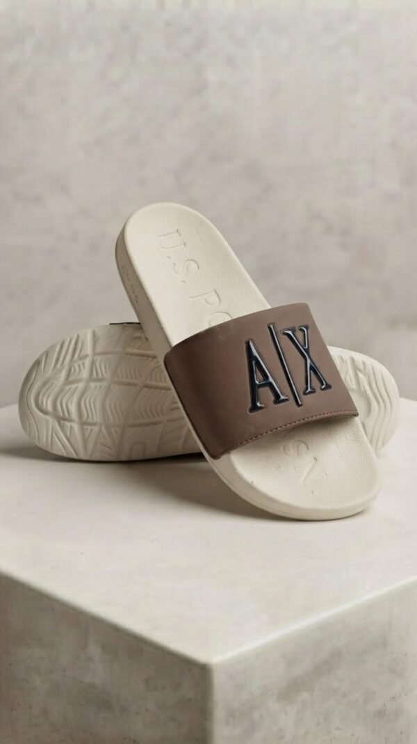 A|X Designer Logo Sport Slides – Off-White & Taupe Brown