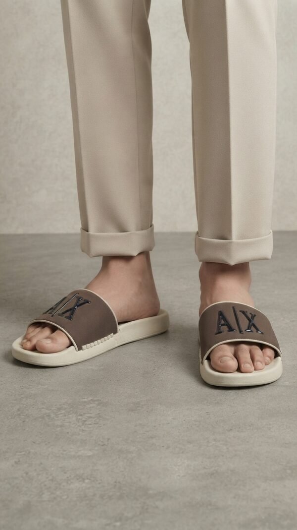 A|X Designer Logo Sport Slides – Off-White & Taupe Brown