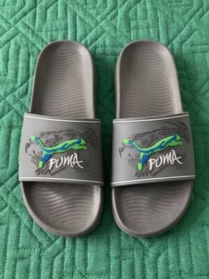 PUMA Graphic Sport Slides – Grey with Neon Accents