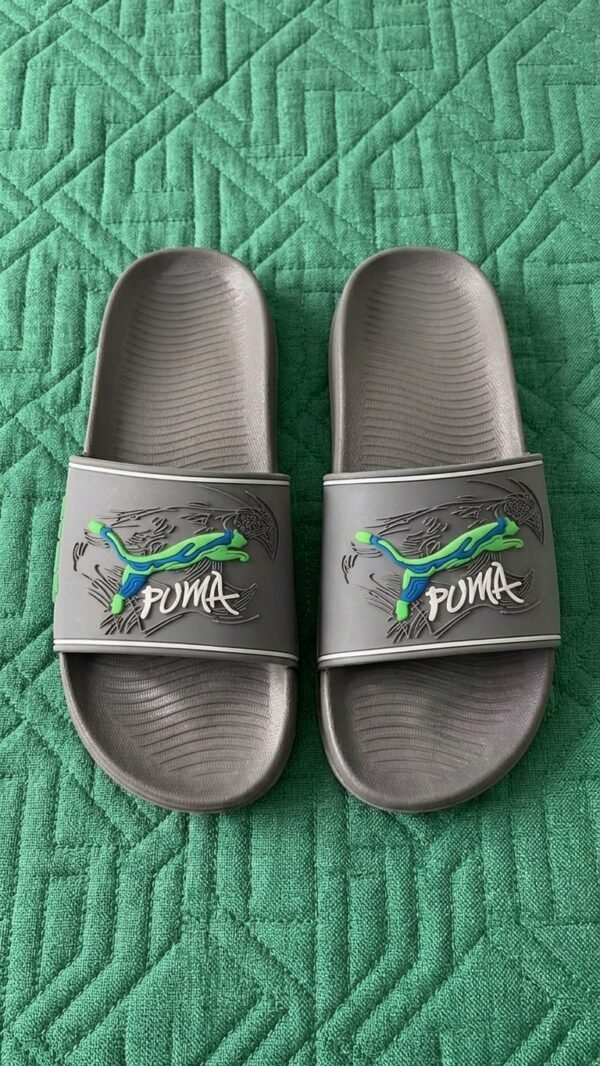 PUMA Graphic Sport Slides – Grey with Neon Accents